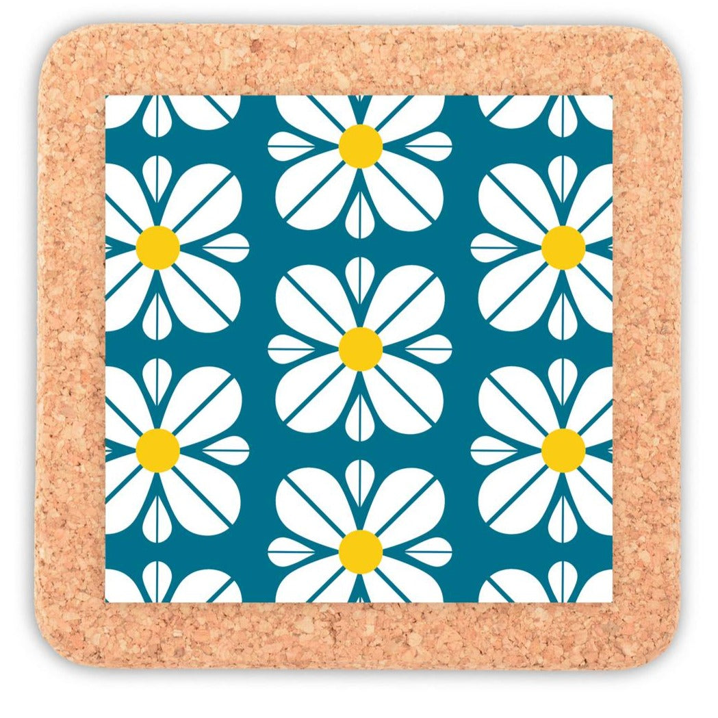 Gryteunderlag med kork: Blå blomster